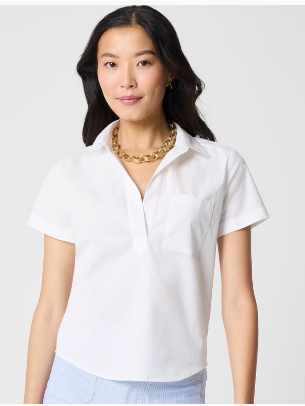 J.Crew Short Sleeve Poplin Popover Top White Stretch Cotton Pocket Size L NWT